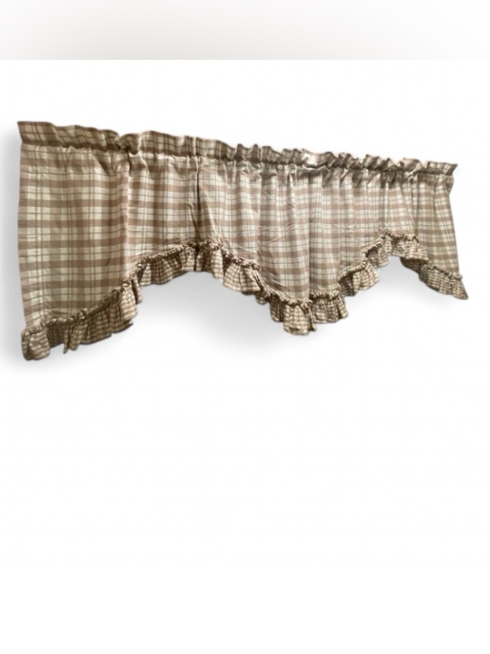 JCPenney Home Tan White Plaid Valance Gingham Ruffle 23x83 Cotton